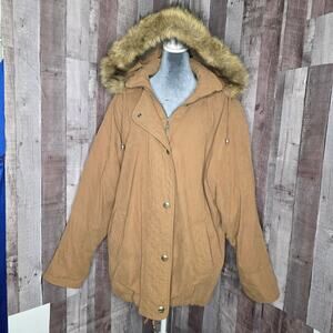 Design & Co Lane Bryant Brown Tan Coat Faux Fur Hood Women's Size 18 / 20 Gift